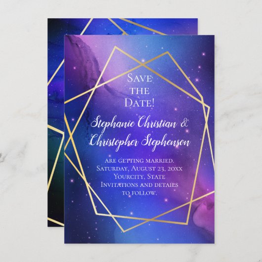 Nebula Celestial Geometric Gold Save the Date Kaart (Voorkant / Achterkant)