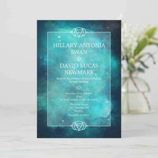 Nebula turquoise et Faire-part de mariage Chakra (Debout devant)