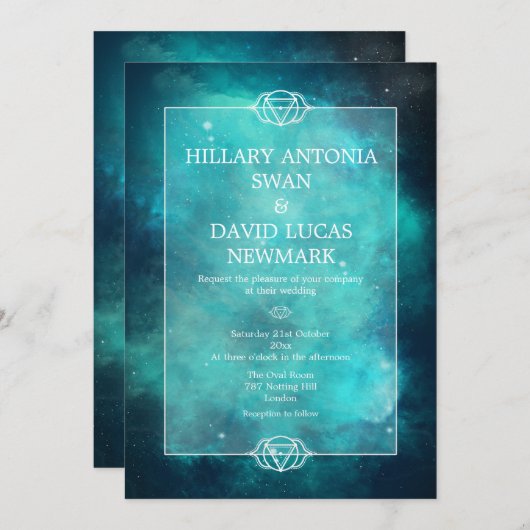 Nebula turquoise et Faire-part de mariage Chakra (Devant / Derrière)