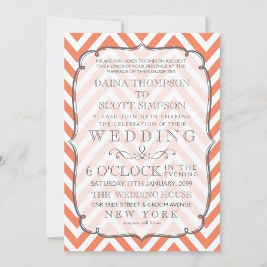 Nectarine Oranje Chevron Stripes Wedding Invite Kaart (Voorkant)