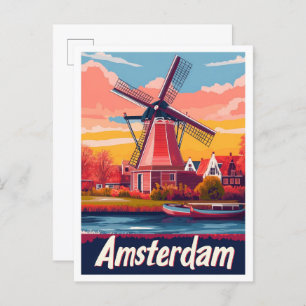 Nederland Amsterdam Vintage Travel Illustration Briefkaart