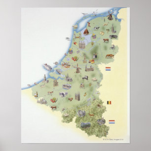 Nederland, kaart met onderscheidende kenmerken poster