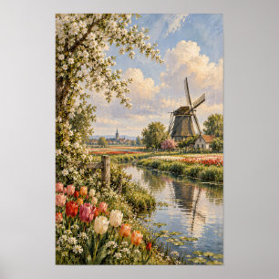 Nederlands-geïnspireerde windmolen- en tulpenkanaa poster