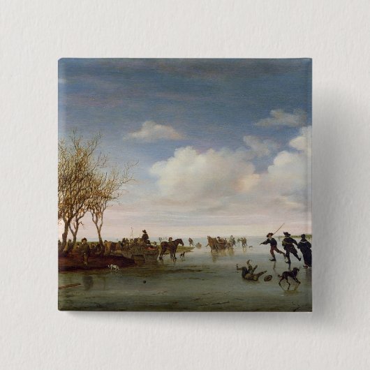 Nederlands landschap met Skaters Vierkante Button 5,1 Cm (Voorkant)