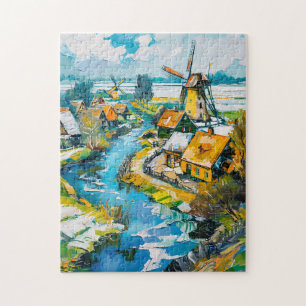 Nederlands landschap met windmolens en waterkanaal legpuzzel