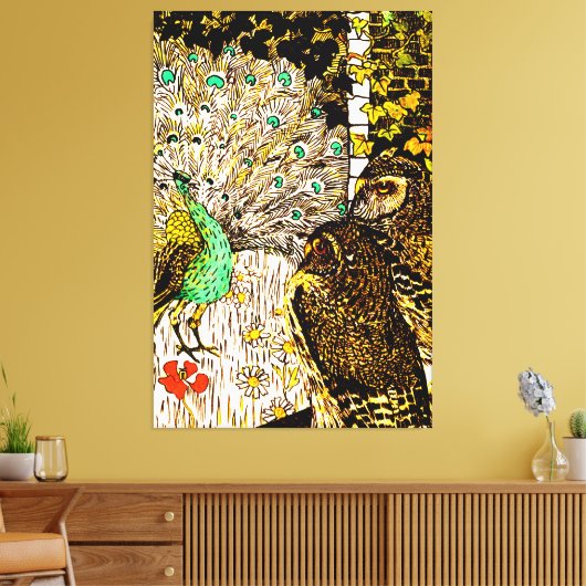 Nederlandse Art Nouveau Pauw en uilen Canvas Afdruk (Insitu (Woonkamer))