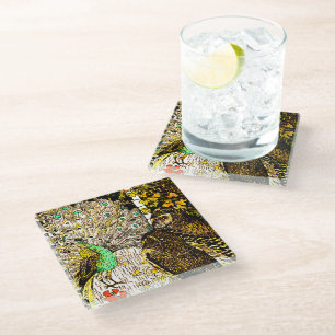 Nederlandse Art Nouveau Pauw en uilen Glazen Onderzetter