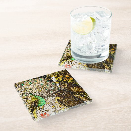 Nederlandse Art Nouveau Pauw en uilen Glazen Onderzetter (Schuin)