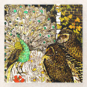 Nederlandse Art Nouveau Pauw en uilen Glazen Onderzetter (Voorkant)