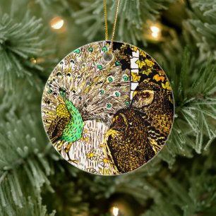 Nederlandse Art Nouveau Pauw en uilen Keramisch Ornament