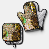 Nederlandse Art Nouveau Pauw en uilen Ovenwant & Pannenlap Set (Voorkant / Achterkant)