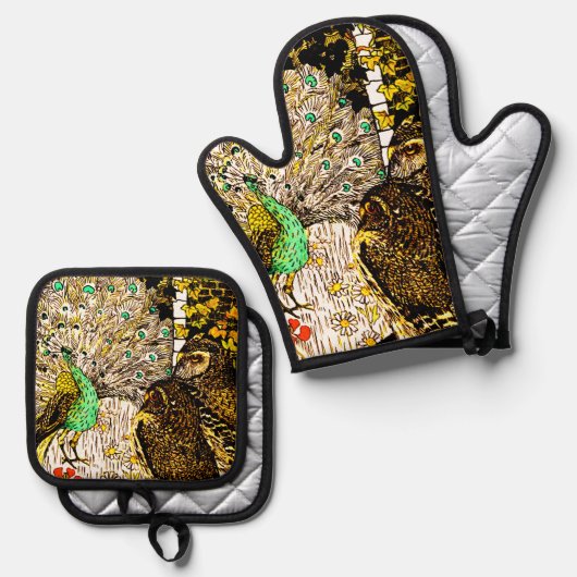 Nederlandse Art Nouveau Pauw en uilen Ovenwant & Pannenlap Set (Voorkant / Achterkant)