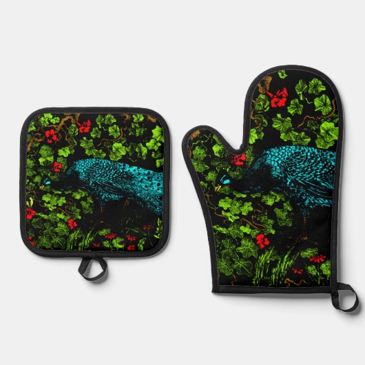 Nederlandse Art Nouveau Pauw en Vlinder Ovenwant & Pannenlap Set (Voorkant)