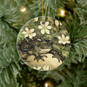 Nederlandse Art Nouveau Toad en Dogwood Keramisch Ornament