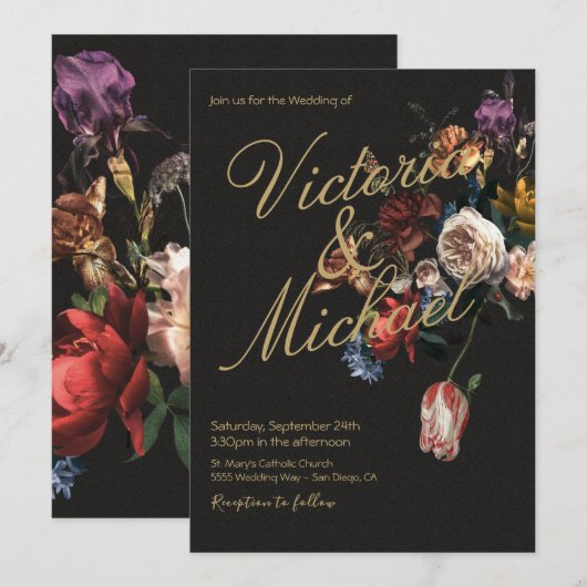 Nederlandse Master Floral Dark & Moody Wedding Kaart (Voorkant / Achterkant)