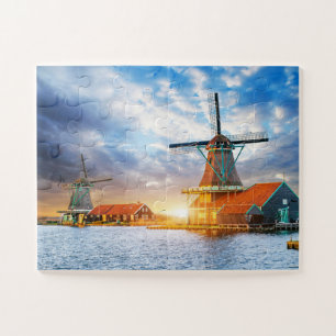 Nederlandse Windmills Cloudy Sunset Rotterdam Holl Legpuzzel