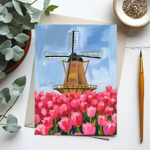 Nederlandse Windmolen Tulp Bloem Veld Aquarel Briefkaart