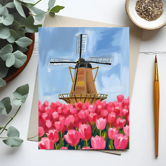 Nederlandse Windmolen Tulp Bloem Veld Aquarel Briefkaart