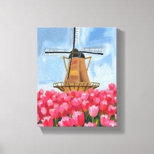 Nederlandse Windmolen Tulp Bloem Veld Aquarel Canvas Afdruk
