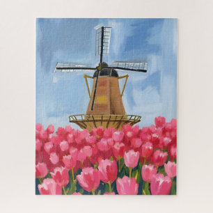 Nederlandse Windmolen Tulp Bloem Veld Aquarel Legpuzzel