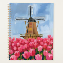 Nederlandse Windmolen | Tulp Bloem Veld Aquarel
