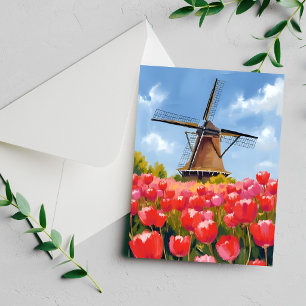 Nederlandse windmolen tulp veld aquarel geschilder
