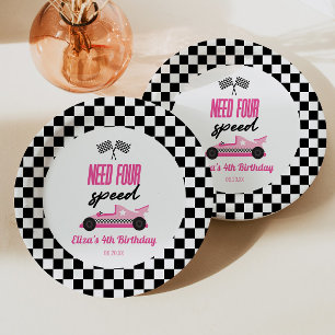 Need Four Speed Roze Race Auto 4e Verjaardagsfeest Papieren Bordje