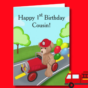 Neef 1e verjaardag Teddy Bear Firetruck Kaart