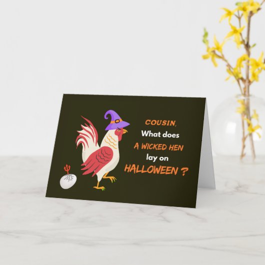 Neef Halloween met boze kip en duivels ei Kaart (Gele Bloem)
