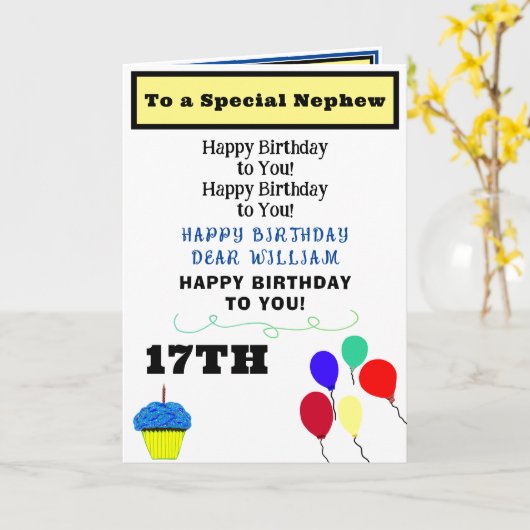 Neef Verjaardagsballonnen Blauwe Cupcake NAAM Kaart (Gele Bloem)