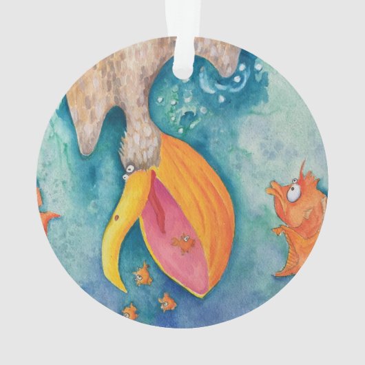 "Neem de plunge!" Pelican & Fish Art Ornament (achterkant)