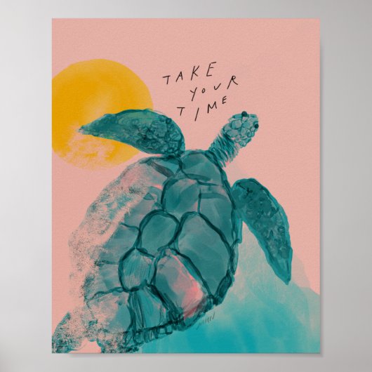 Neem je tijd - Zee schildpad, roze, groen Poster (Voorkant)