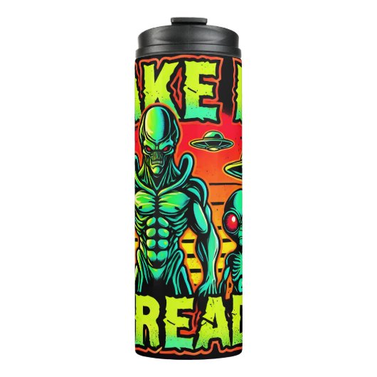 Neem me nu al, retro-stijl groene huid aliens thermosbeker (Voorkant)