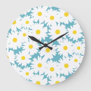 Negatieve Space Daisies wit geel op blauw Grote Klok