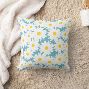 Negatieve Space Daisies wit geel op blauw Kussen