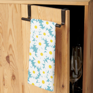 Negatieve Space Daisies wit geel op blauw Theedoek