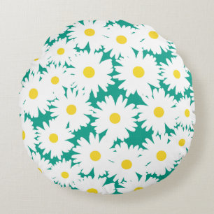 Negatieve Space Daisies wit geel op groen Rond Kussen