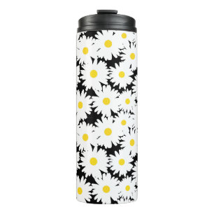 Negatieve Space Daisies wit geel op zwart Thermosbeker