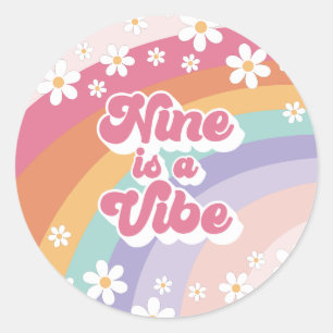 Negen is een Vibe Retro Regenboog 9e verjaardag Ronde Sticker