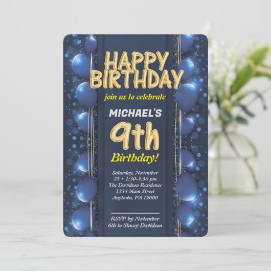 Negen jaar oud jongens verjaardag Uitnodiging (Staand voorkant)