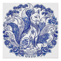 Negenstaartige vos Kitsune Imari stijl blauw wit