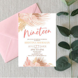 Negentien Boho Roze Bloemen 19e Verjaardagsfeest Kaart