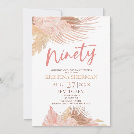 negentig Boho roze bloemig 90ste verjaardagsfeest Kaart (Voorkant)