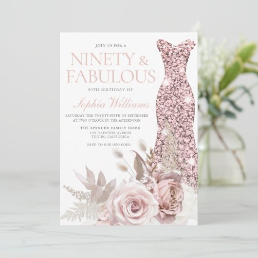 Negentig & Fabulous! Blush Gown Floral 90ste verja Kaart (Staand voorkant)