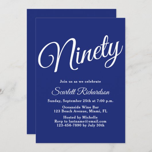 Negentig Modern Script Marine Blauw 90ste Verjaard Kaart (Voorkant / Achterkant)