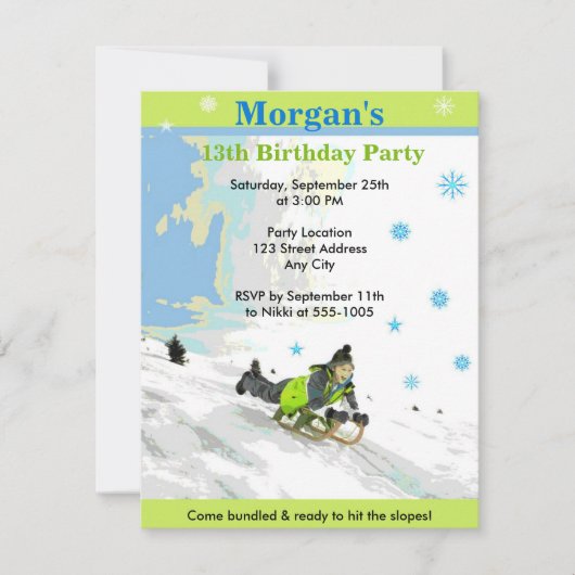 Neige Sledding Invitation de fête d'anniversaire (Devant)