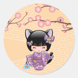 Neko Kokeshi Doll Cat Ears Geisha Girl Yellow Ronde Sticker