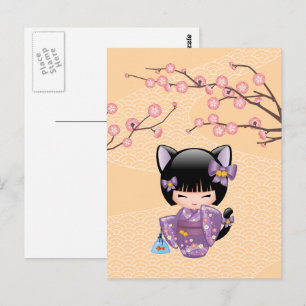 Neko Kokeshi Doll - Kat Ears Geisha Girl Briefkaart