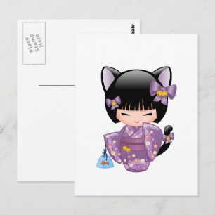 Neko Kokeshi Doll - Kat Ears Geisha Girl Briefkaart