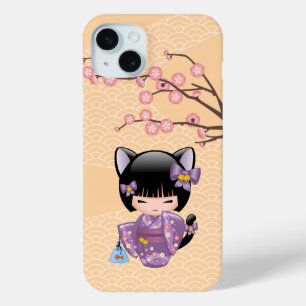 Neko Kokeshi Doll - Kat Ears Geisha Girl iPhone 15 Mini Hoesje